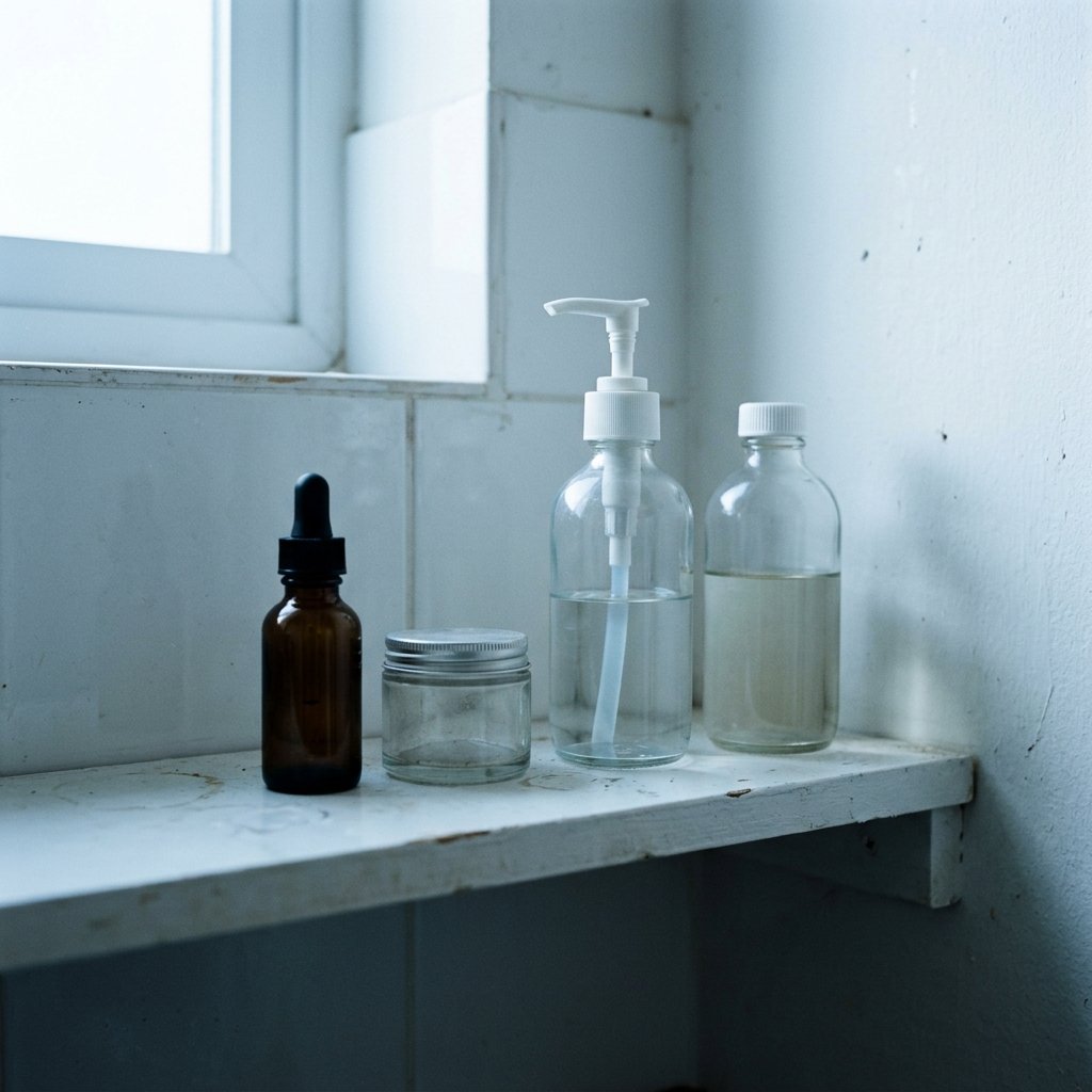 Bathroom shelf with plain glass bottles and dropper in clinical indirect light, no branding
