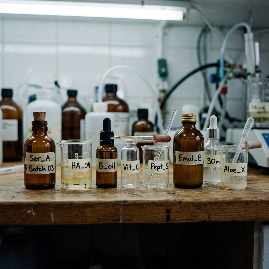 Clinical shelf of plain glass containers, dropper bottles, and small jars in diffused cold light, no branding