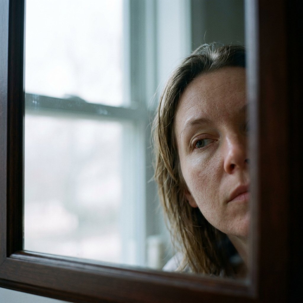 Partial reflection of a face in a bathroom mirror, diffused morning light, candid, no retouching