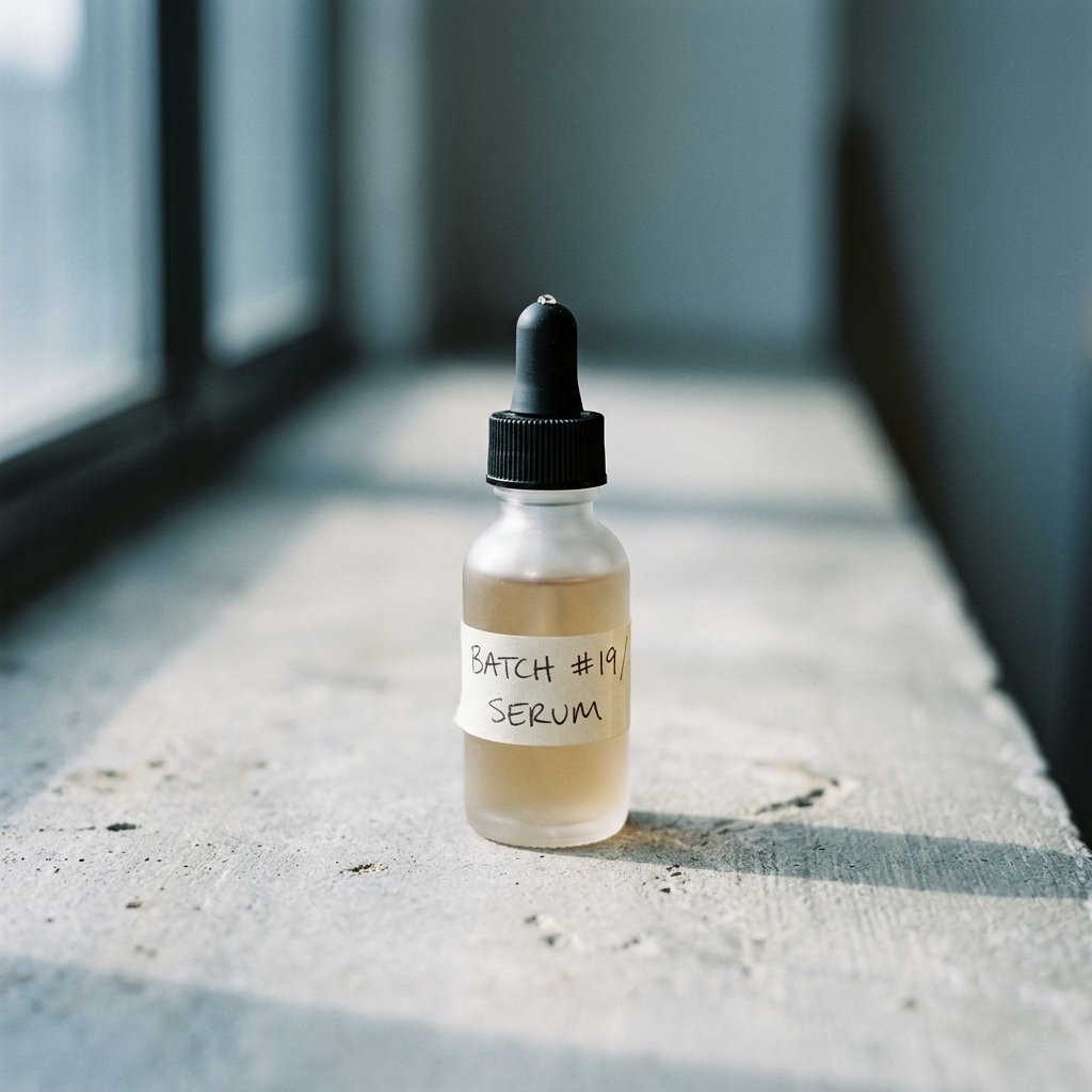 Single serum dropper bottle against white surface, clinical indirect light, no styling